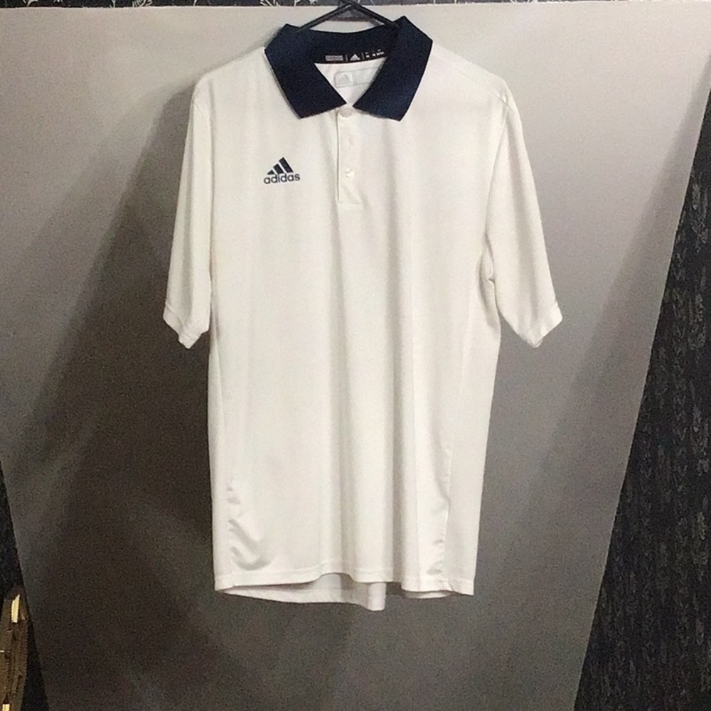Adidas Climalite polo. White with blue collar. Medium.